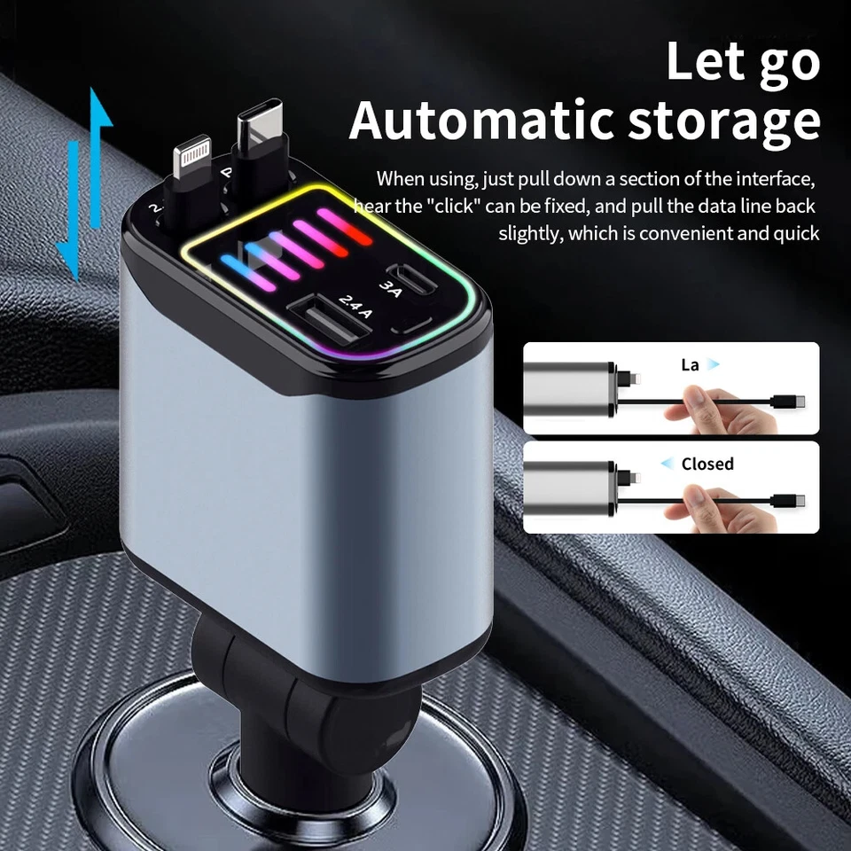 4-in-1 LED USB Type-C Car Charger Adapter – Fast Charging & Stylish Interior Lighting