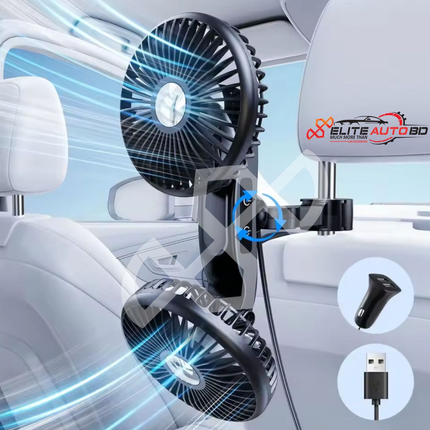 Dual-Head Vehicle Car Fan | Portable 12V/24V USB Auto Cooling Fan with 360° Rotation | Elite Auto BD.