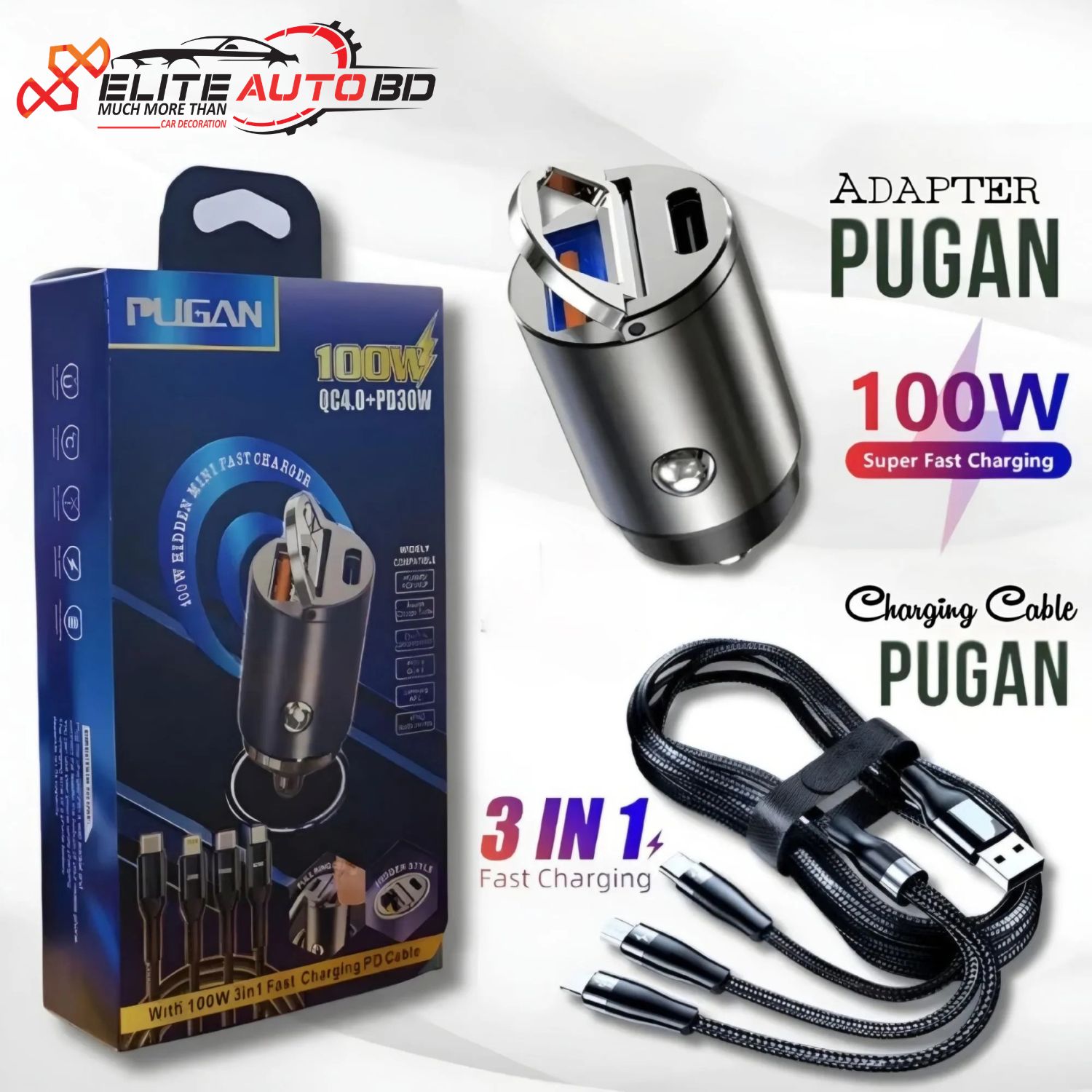Genuine Pugan 100W Super Fast Car Charger with 3-in-1 PD Cable & Dual USB Ports | CHARGER | Elite Auto BD