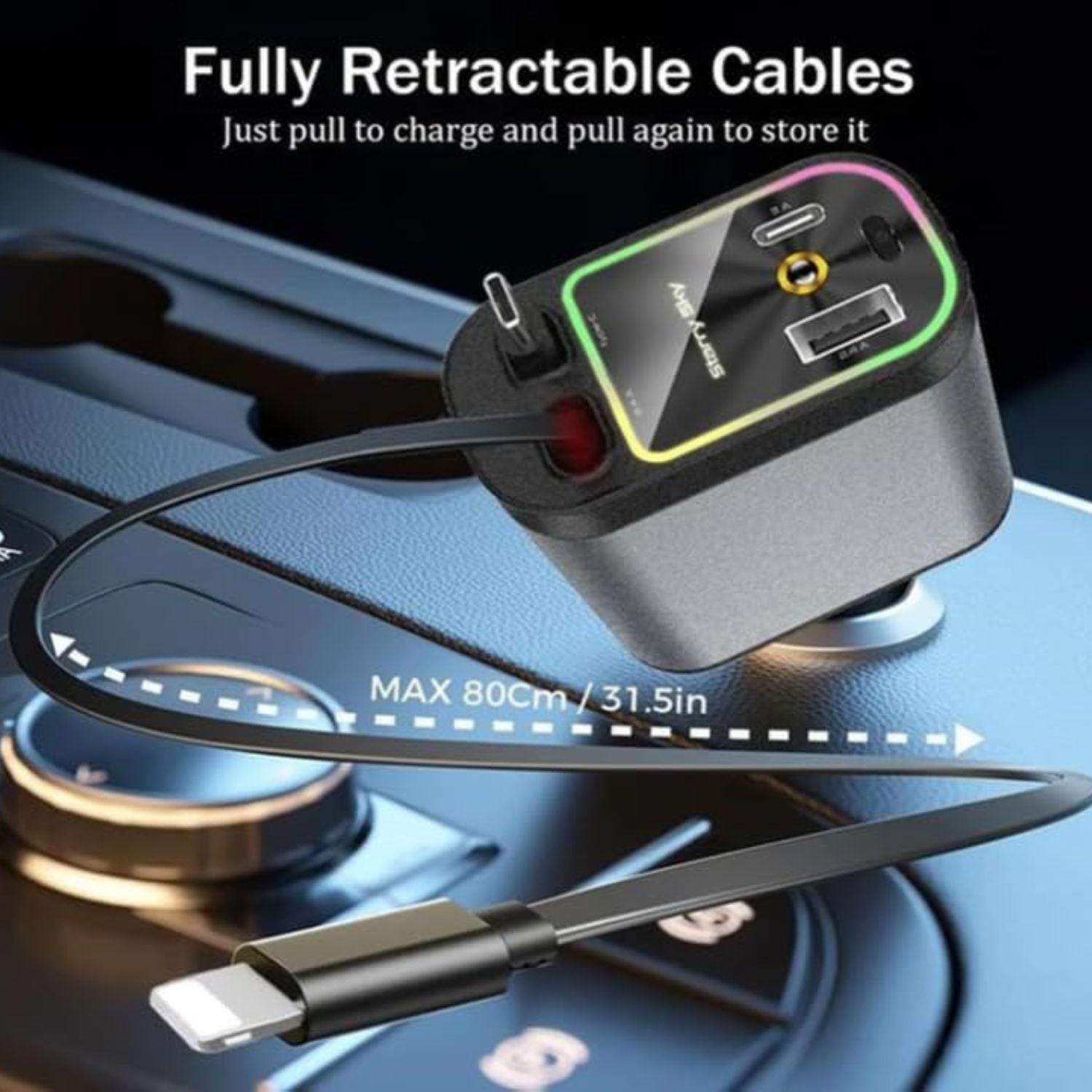 4 in 1 Retractable Car Charger - Star Light in Car Ceiling, Star Night Light Dual Type C Fast Charging Car Adapter, Adjustable Dual Retractable Cable Car USB Charger for Charging Multiple Devices | CHARGER | Elite Auto BD