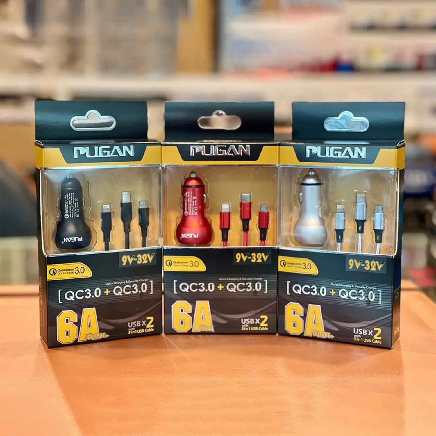 Pugan 36W Quick Charge 3.0 Dual USB Car Charger | 6A Fast Charging Adapter with 3-in-1 Cable (Micro, Lightning, Type-C) | CHARGER | Elite Auto BD