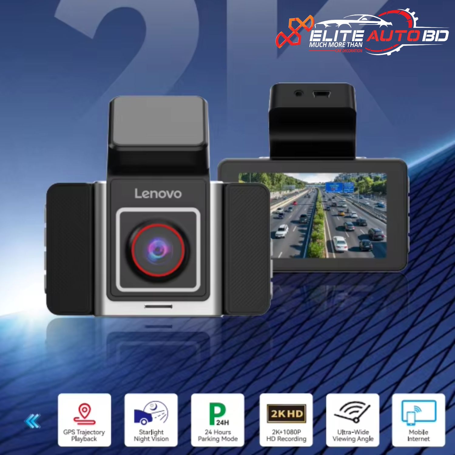 Lenovo 2K Dashcam: Dual Lens, GPS & Night Vision Model Q5 4G WiFi 2K 1080P IPS Screen CMSV6 Car Dash Cam Front Rear Video Recorder 24-hour Surveillance | DVR | Elite Auto BD