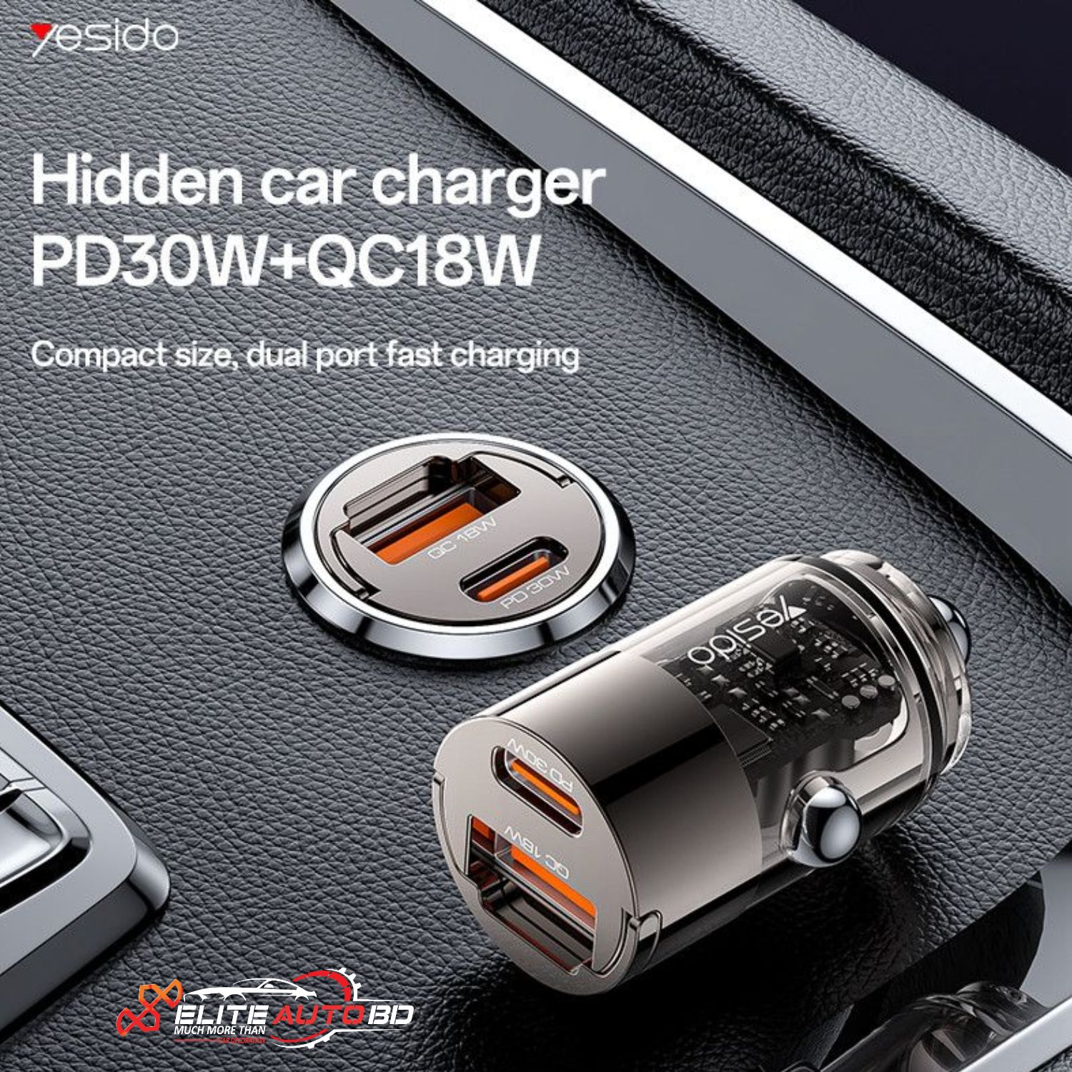 esido Y68 Aluminum Alloy Super Fast Car Charger - 30W Dual USB Adapter | Elite Auto BD