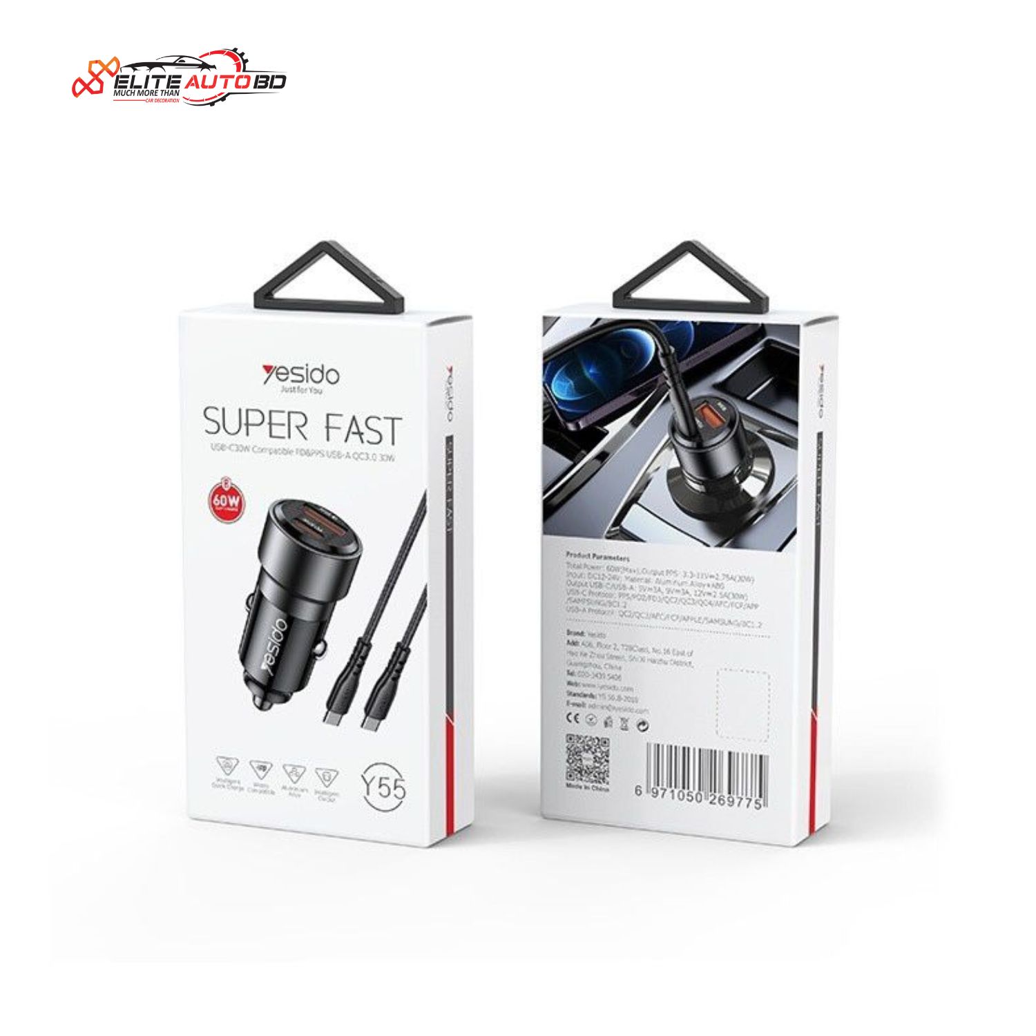 Yesido Y55 60W Super Fast Car Charger Suggested SEO Title: | Dual Port Fast Charging Adapter | Elite Auto BD