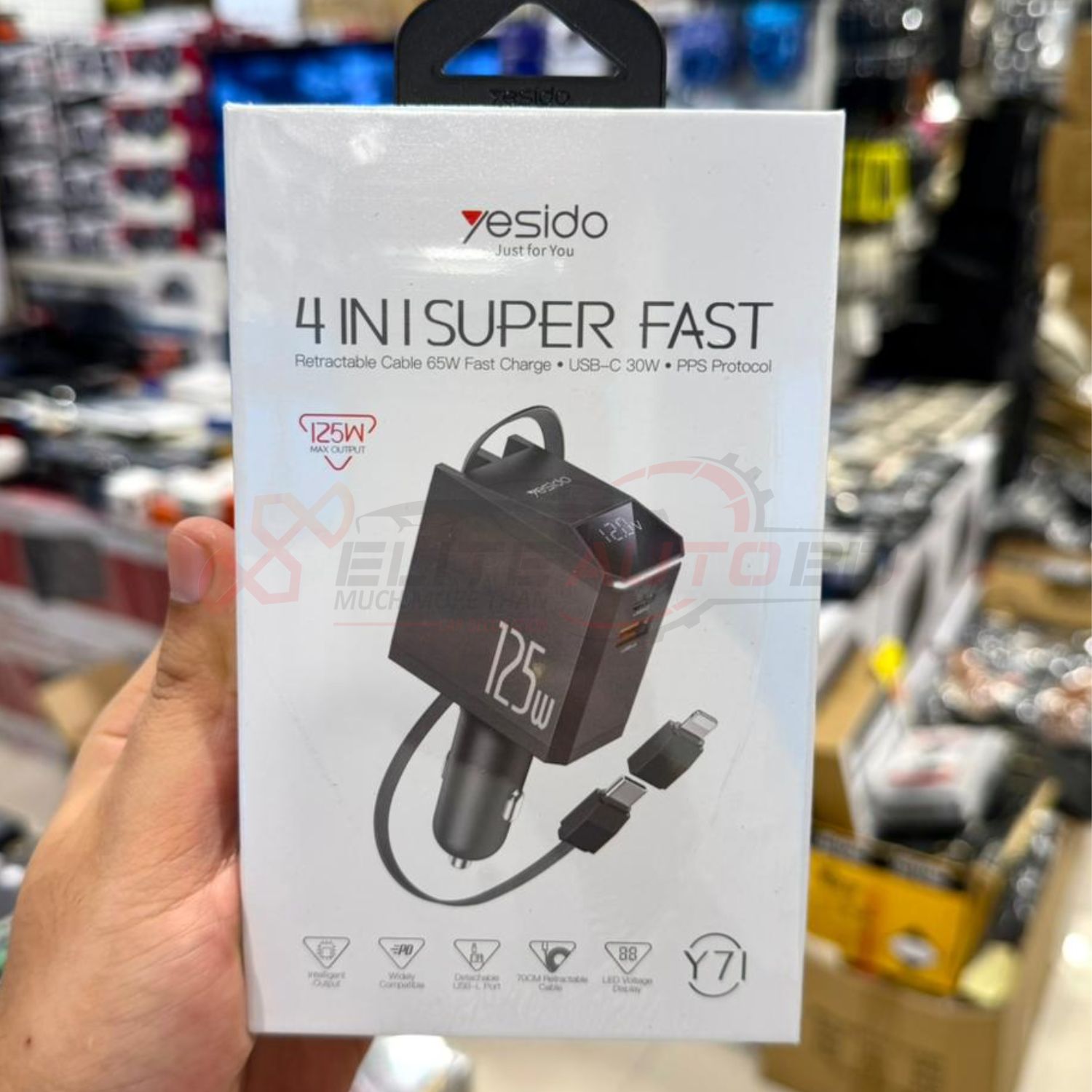 Yesido Y71 125W 4-in-1 Super Fast Car Charger with 70cm Retractable USB-C Cable & LED Display – Elite Auto BD