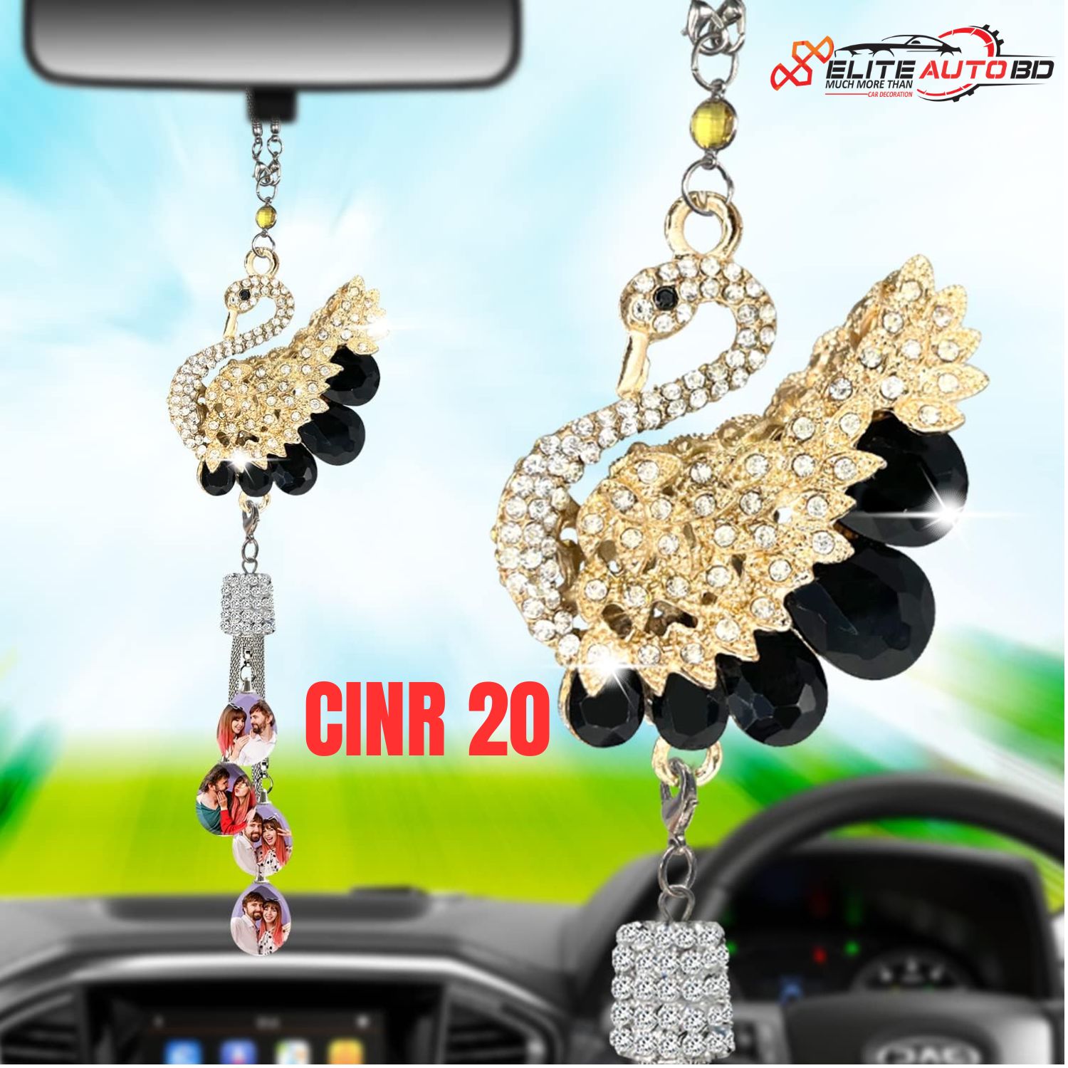 Car Mirror Pendant Swan Crystal, Personalized Photo Car Hanging Accessories, Custom Car Interior Decoration, Custom Pendant Photo Frame  | CINR 20 | Elite Auto BD