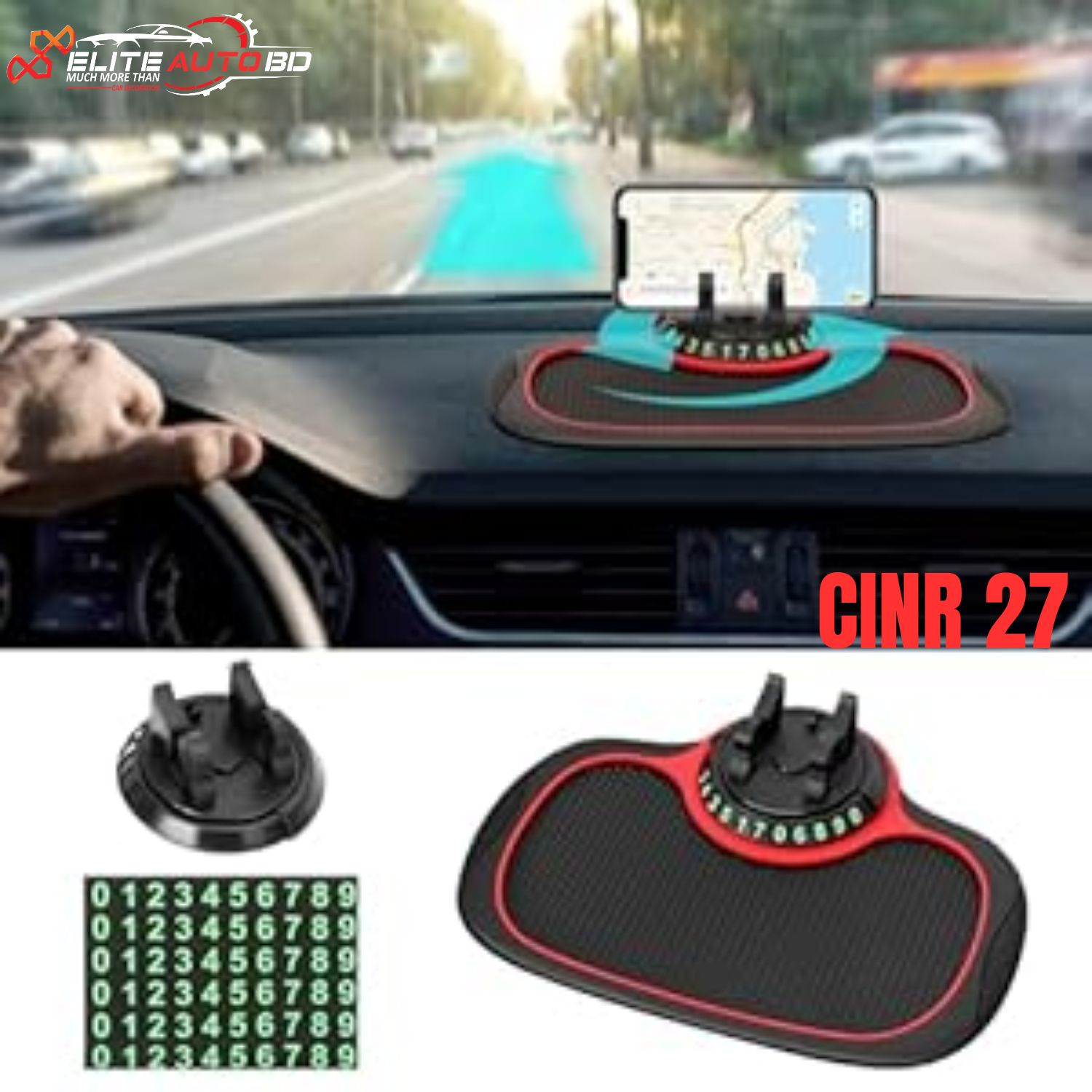 Car Dashboard Non Sleep Mat Red Black Small With Mobile Holder, Easy to keep Key, Pen, Coin, Sun glass ,Perfume and More With Parking Number Holder | CINR 27 | Elite Auto BD