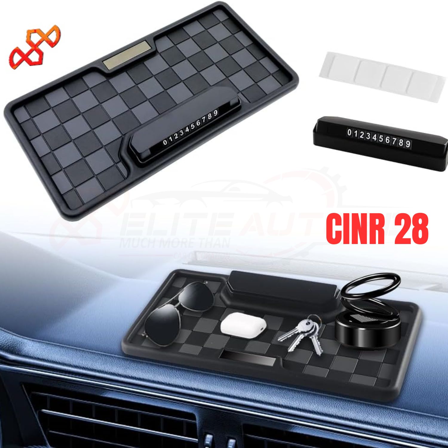 Car Dashboard Non Sleep Mobile Mat , Easy to keep Key, Pen, Coin, Sun glass ,Perfume and More With Parking Number Holder Gray/Ash Color | CINR 28 |  Elite Auto BD