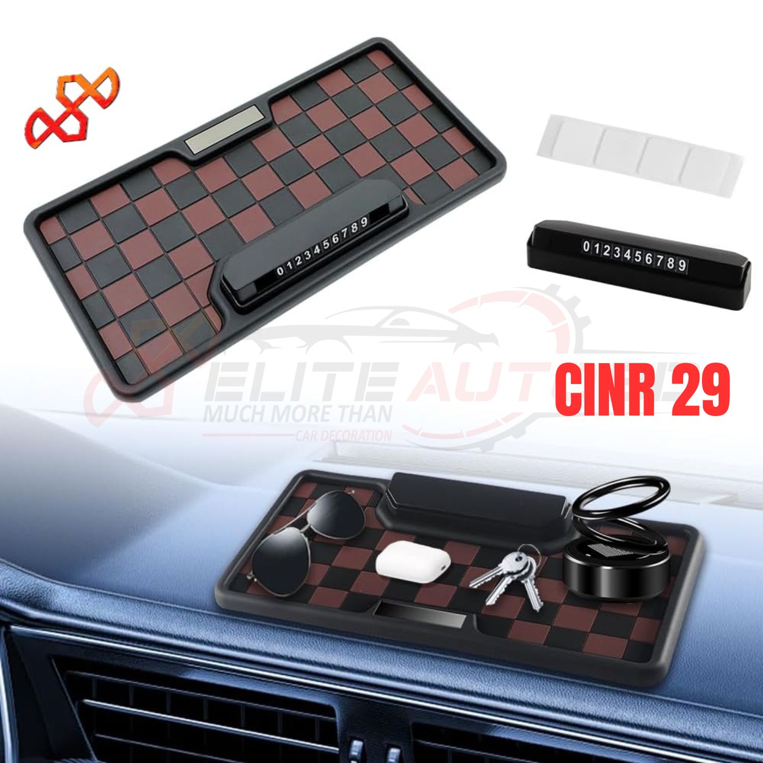 Car Dashboard Non Sleep Mobile Mat , Easy to keep Key, Pen, Coin, Sun glass ,Perfume and More With Parking Number Holder Beige/Biscuit Color | CINR 29 | Elite Auto BD