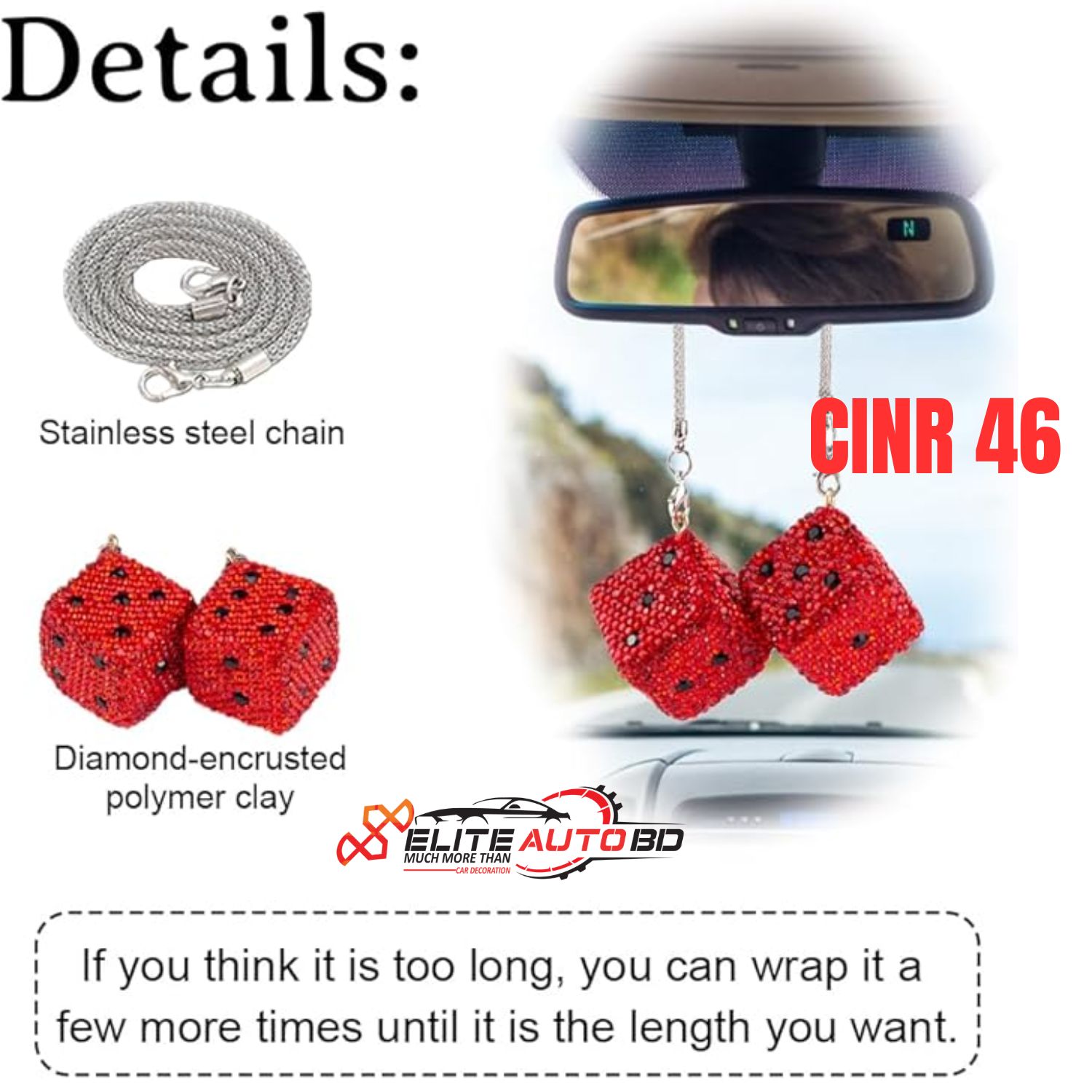 Bling Dice Car Hanging Ornament, Cute Crystal Rhinestone Rear View Mirror Pendant, Sparkly Diamond Rearview Mirror Charms, Lucky Car Interior Decor Accessories | CINR 46 |  Elite Auto BD