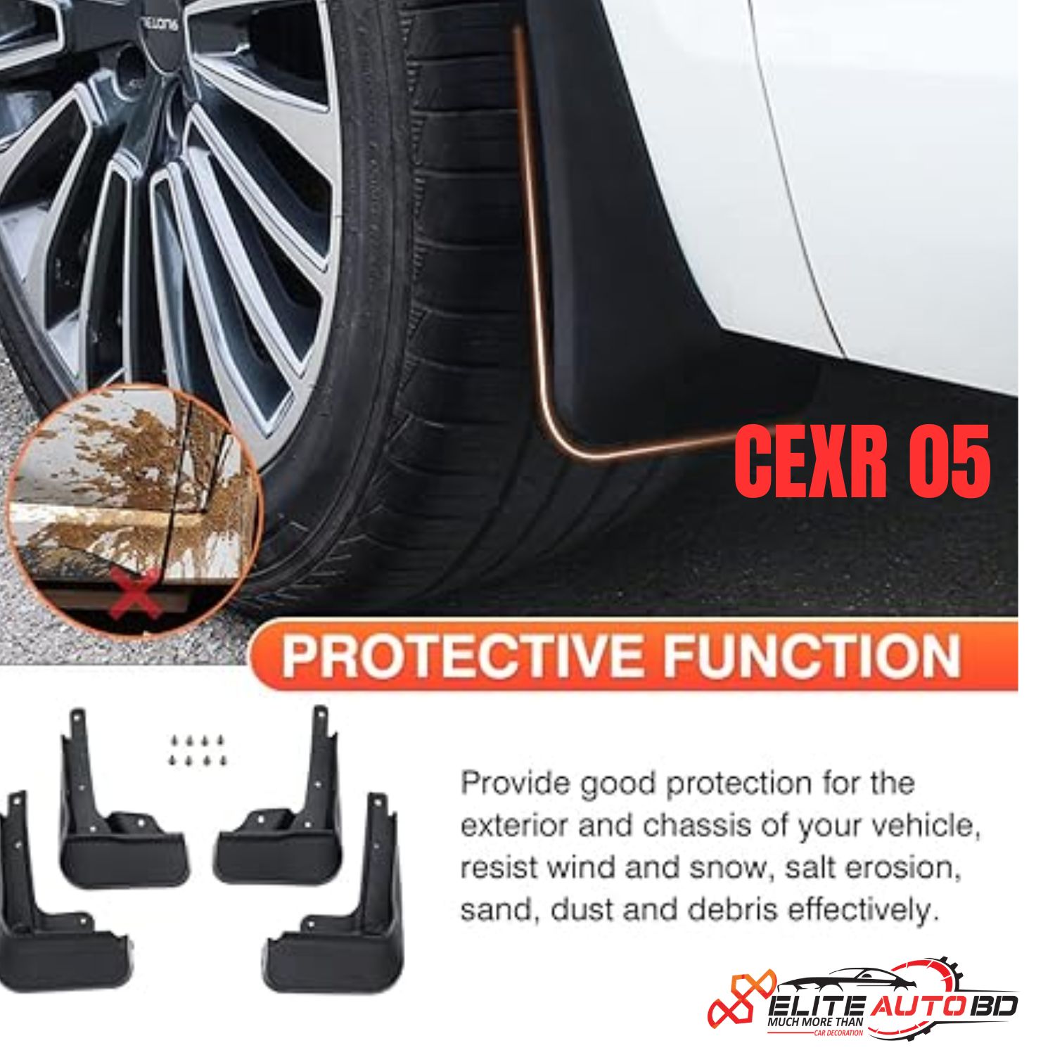 Universal Car Mud Flaps Set of 4 – Durable All-Weather Splash Guards for Sedans & SUVs | CEXR 05 | Elite Auto BD