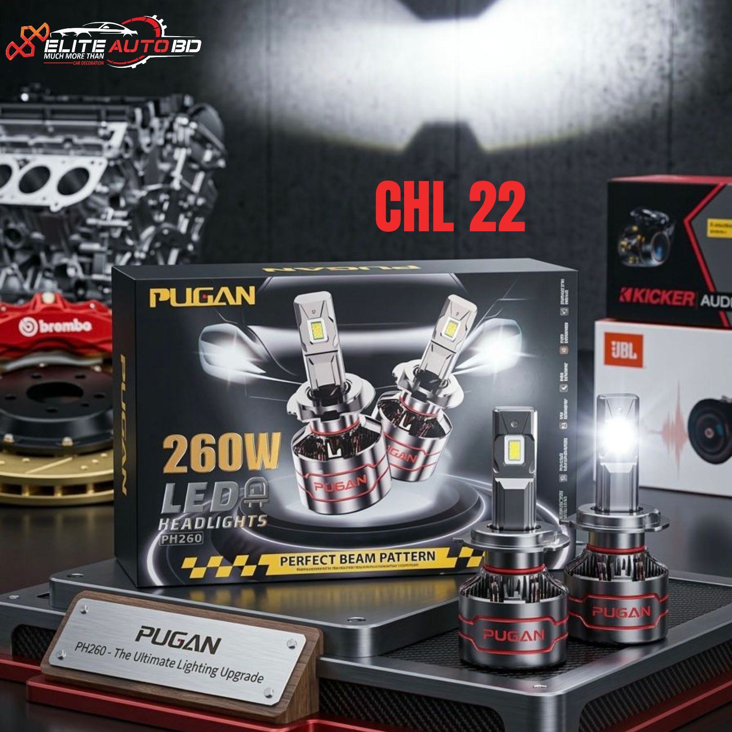 PUGAN 260W LED Headlight for Cars: Ultra-Bright 6000K Cool White (H4, H11, 9005/9006) – Available at |CHL 22 | Elite Auto BD