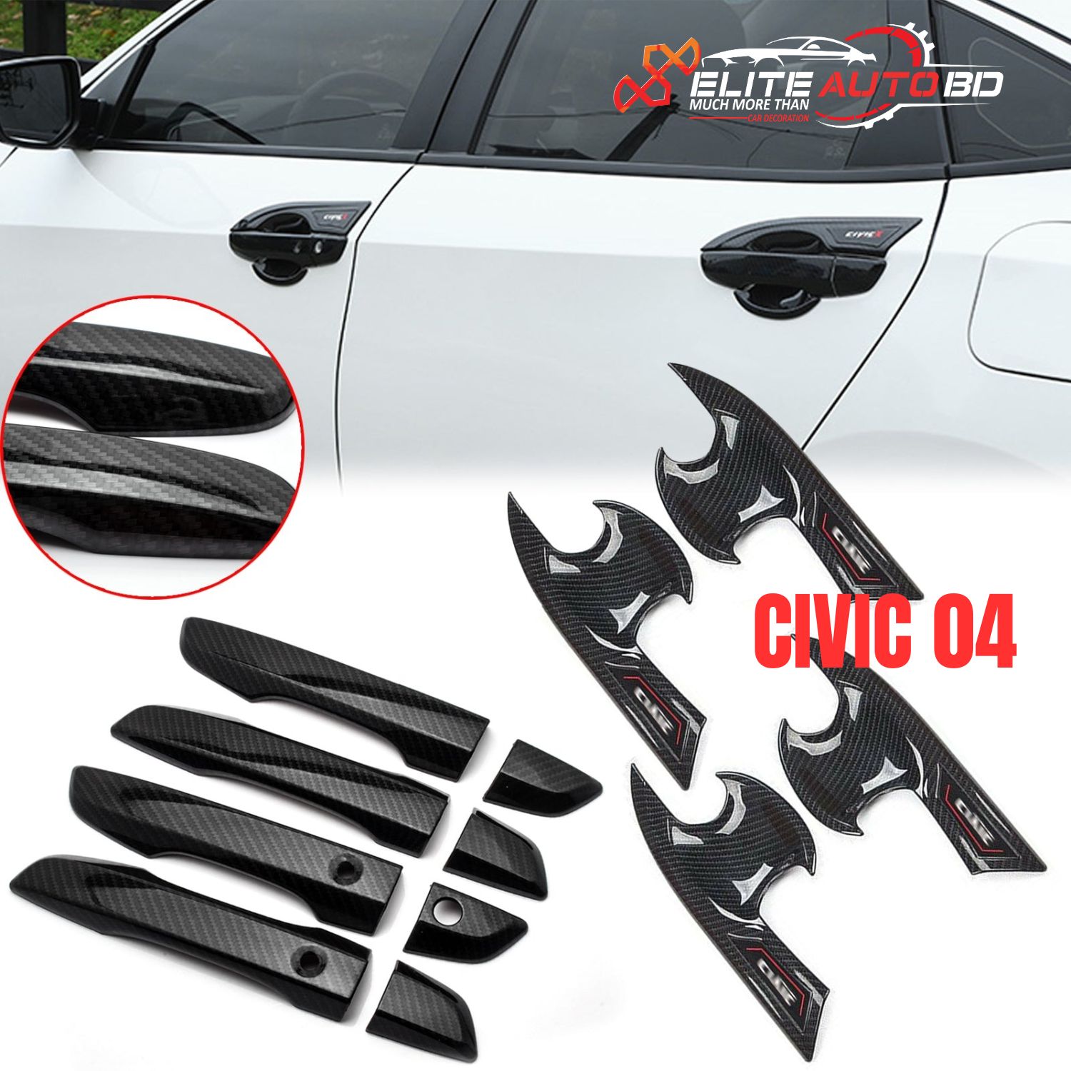 Carbon Fiber Style Door Handle Cover + Bowl Trim Set for Honda Civic – Sporty & Scratch-Resistant Upgrade (8 Pcs) | CIVIC 04 | Elite Auto BD