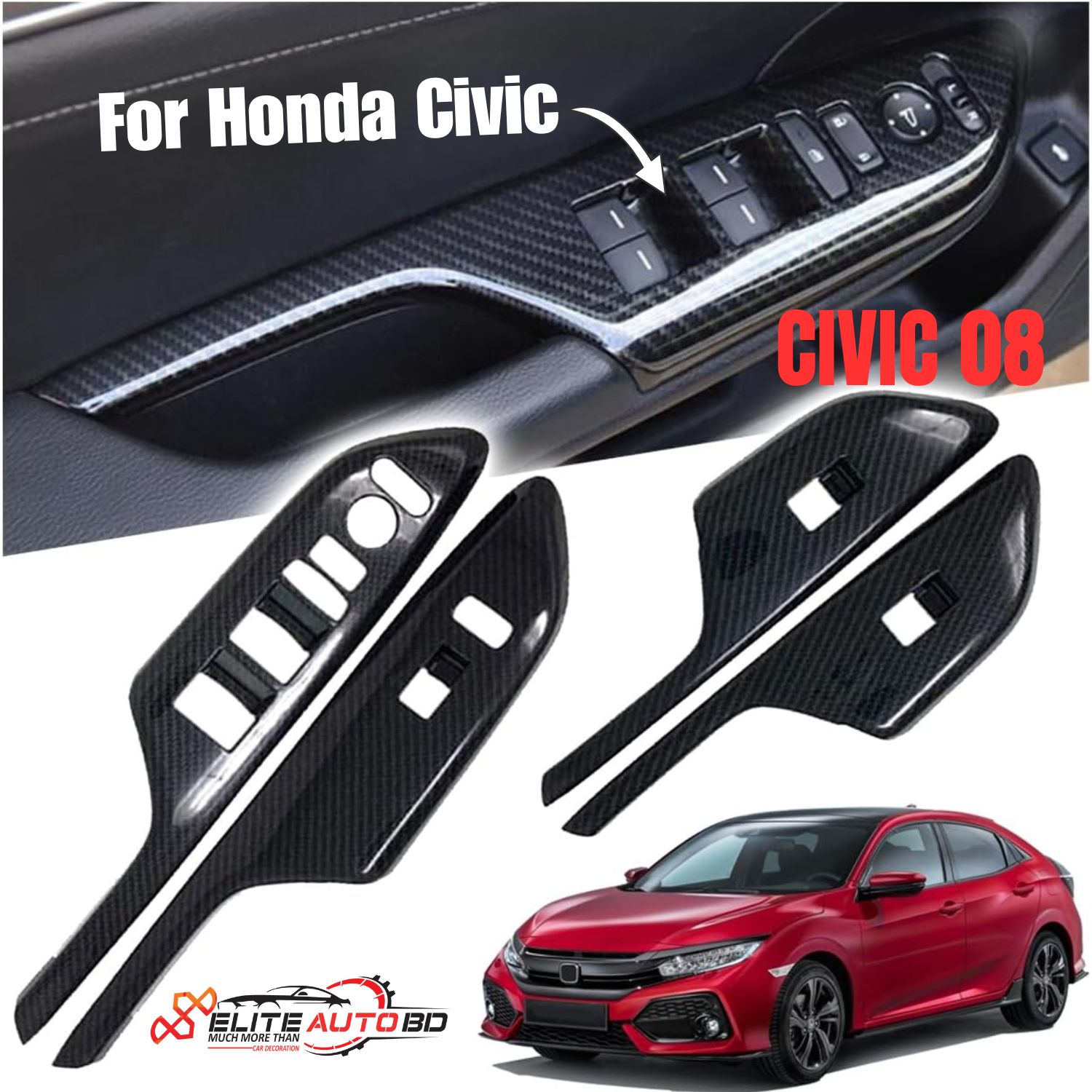 "Honda Civic 10th Gen (2016-2021) Interior Carbon Fiber Window Switch Panel Cover Trim - 4pcs Set by | CIVIC 08 | Elite Auto BD