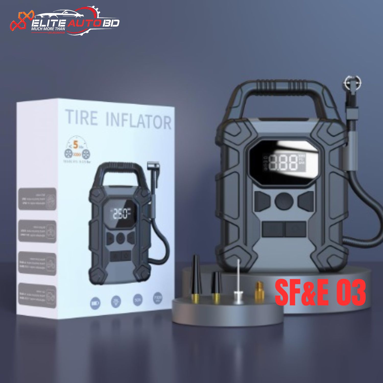 Tire Inflator Portable Air Compressor, Long Hose and LED Light, 150 PSI Cordless Air Pump for Car Tires, Electric Auto-Off Air Pump with Digital Pressure Gauge for Car, Motorcycle, Bike, Ball | SF&E 03 | Elite Auto BD