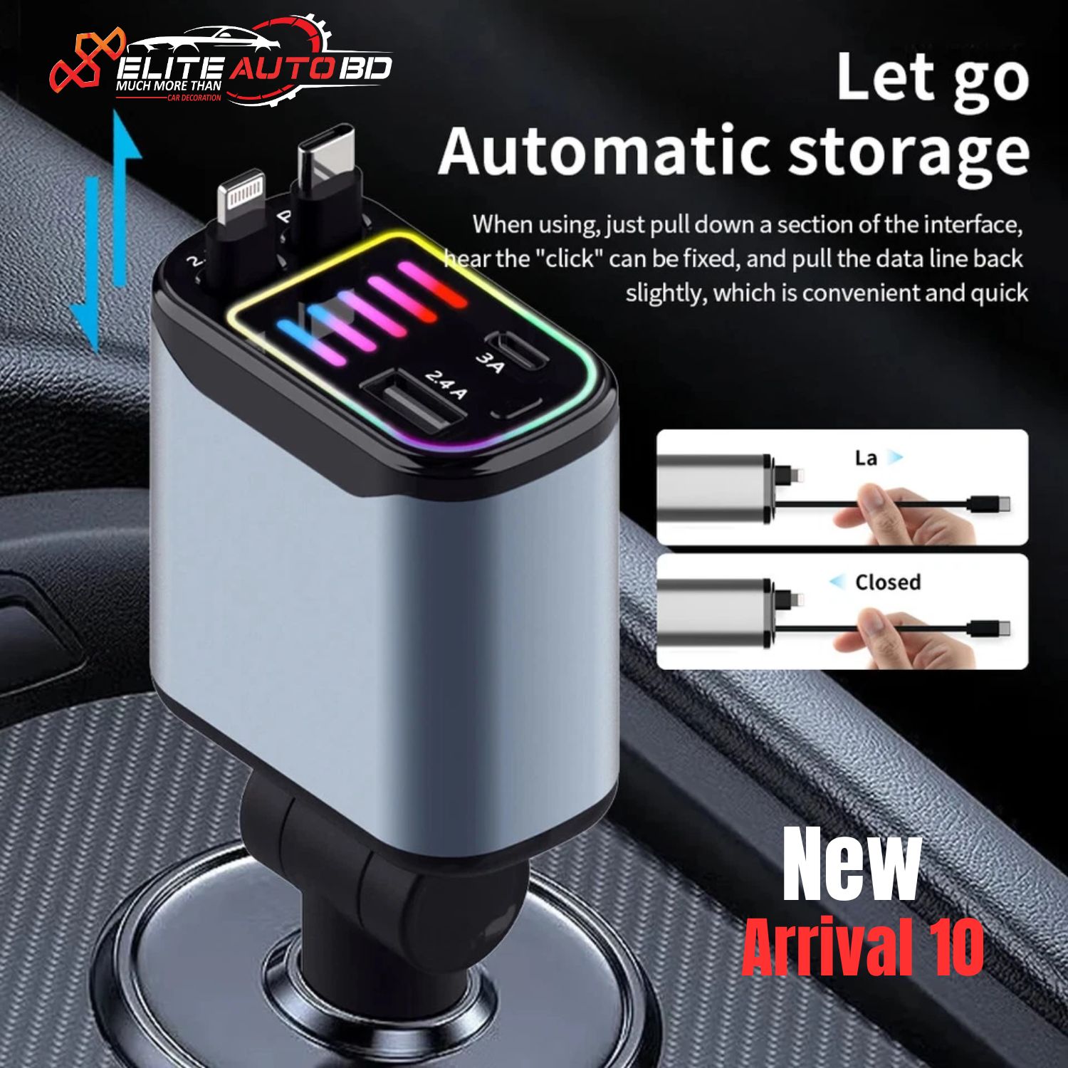 4-in-1 LED USB Type-C Car Charger Adapter – Fast Charging & Stylish Interior Lighting | CHARGER | New Arrival 10 |  Elite Auto BD