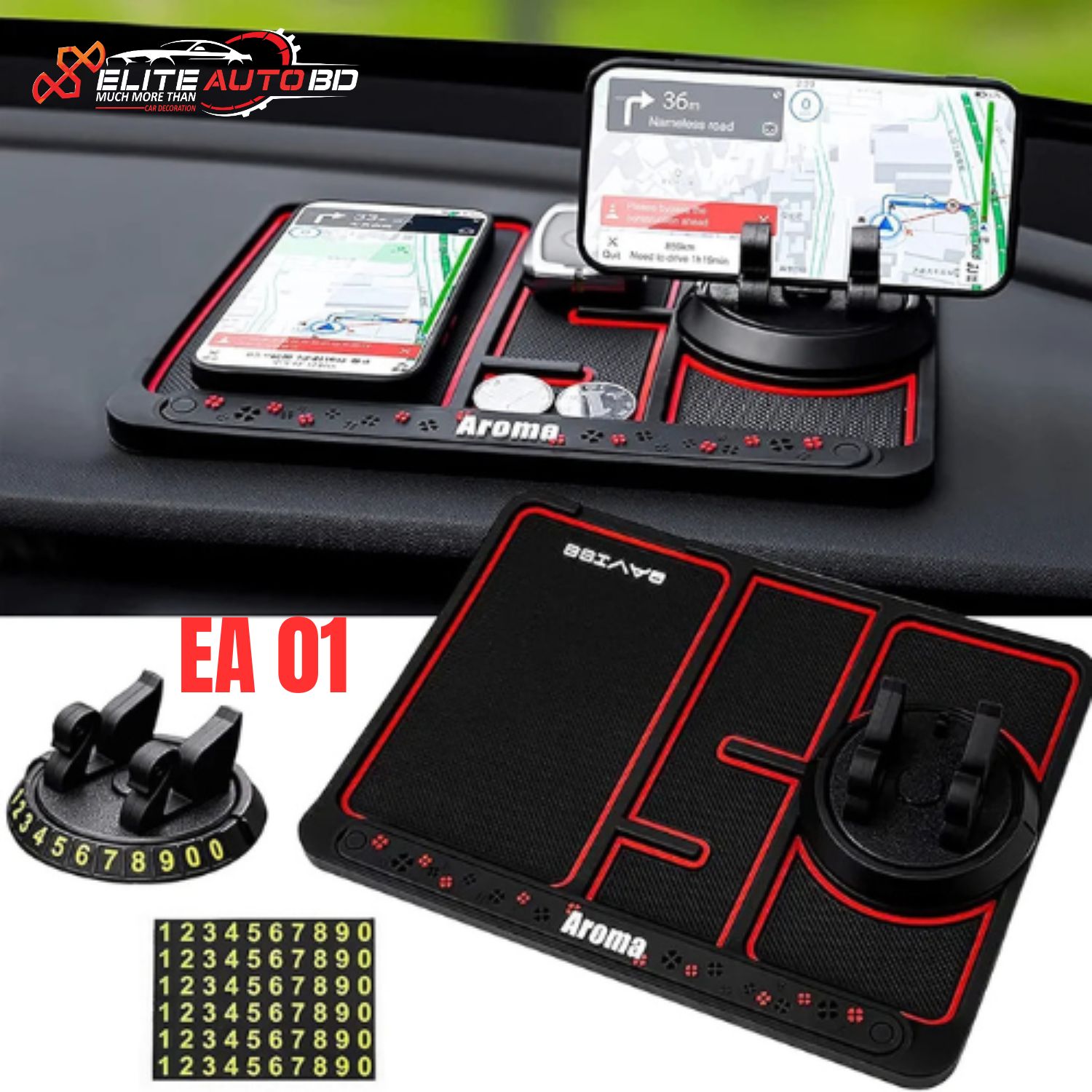 4-in-1 Multifunctional Car Anti-Slip Pad - 360° Rotating Phone Holder, Parking Number Plate & Aromatherapy Dash Mat | EA 01 | Elite Auto BD