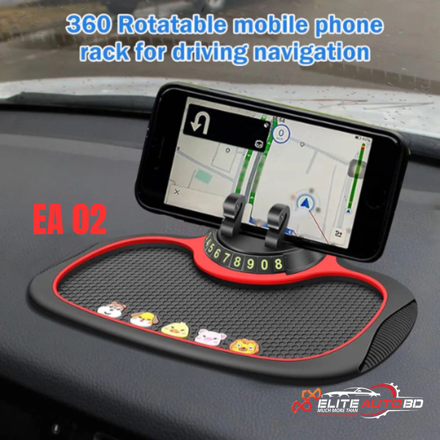 Multifunction 3-in-1 Car Dashboard Non-Slip Mat with 360° Rotatable Phone Holder and Temporary Parking Number Plate | EA 02 | Elite Auto BD