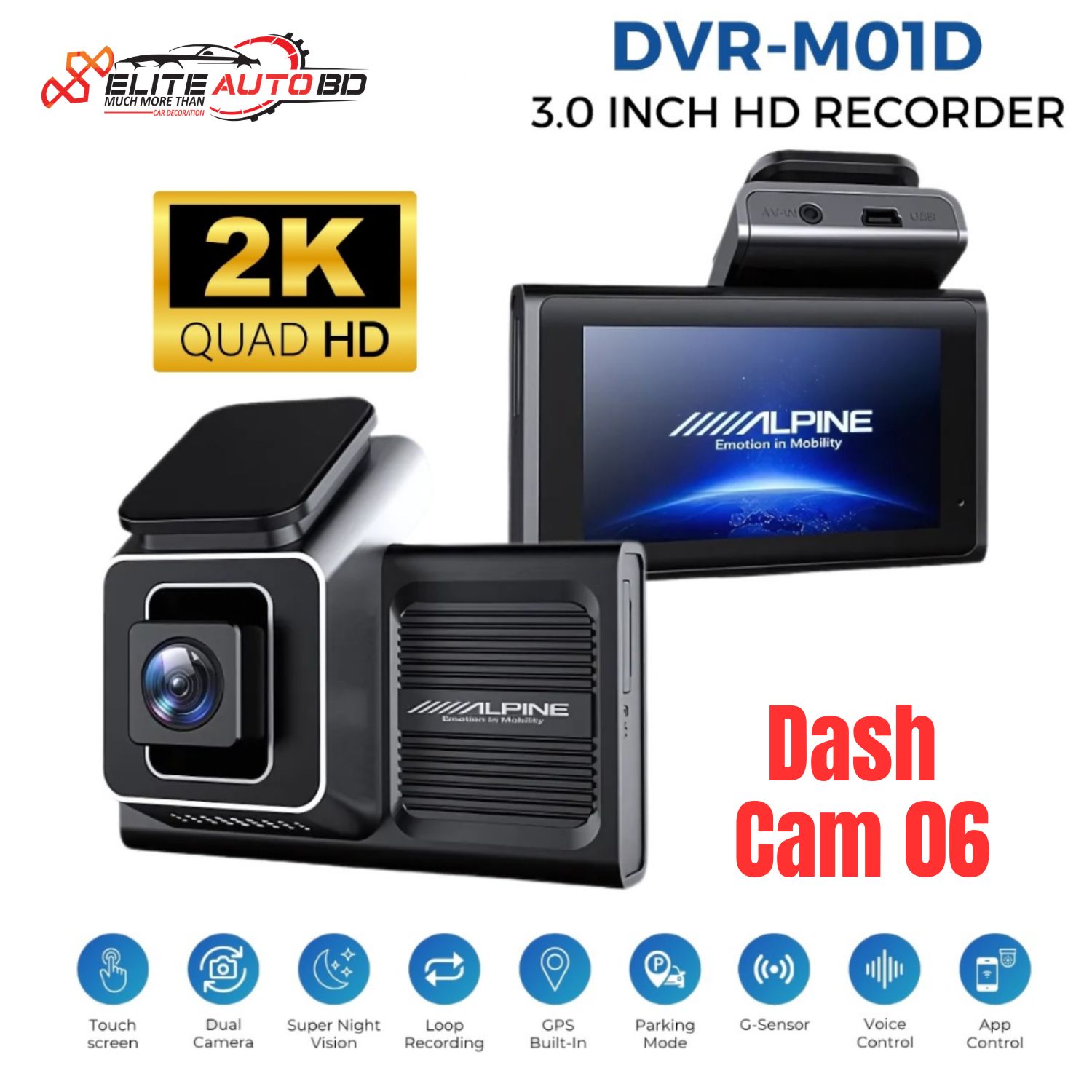 ALPINE DVR-M01D 1080P HD Dashcam – 3.0” Screen, Wi-Fi Control, Mobile App, Wide-Angle Recording | Dash Cam 06 | Elite Auto BD