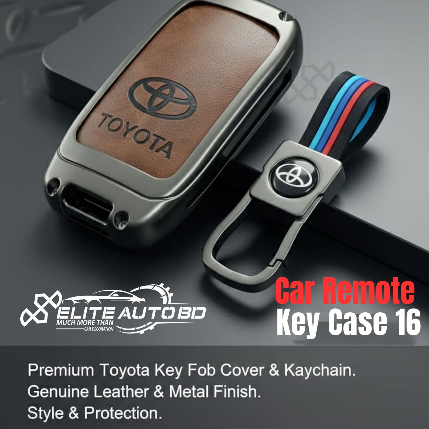 Metal Key Cover with Key Ring and Soft Silicone 2 Button for Toyota Models: Squire Shape Universal | Axio | Allion | Premio | Car Remote Key Case 16 |  Elite Auto BD