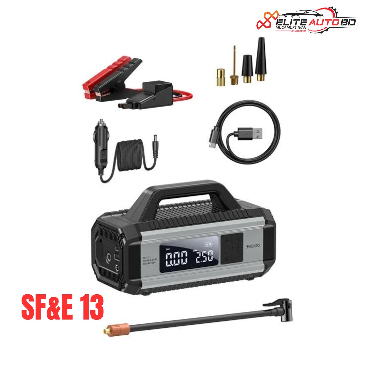 Yesido 5-in-1 Portable Car Jump Starter with Air Compressor & Power Bank Yesido 5-in-1 Jump Starter – 10000mAh Power Bank, Air Inflator & Emergency LED Flashlight | SF&E | Elite Auto BD