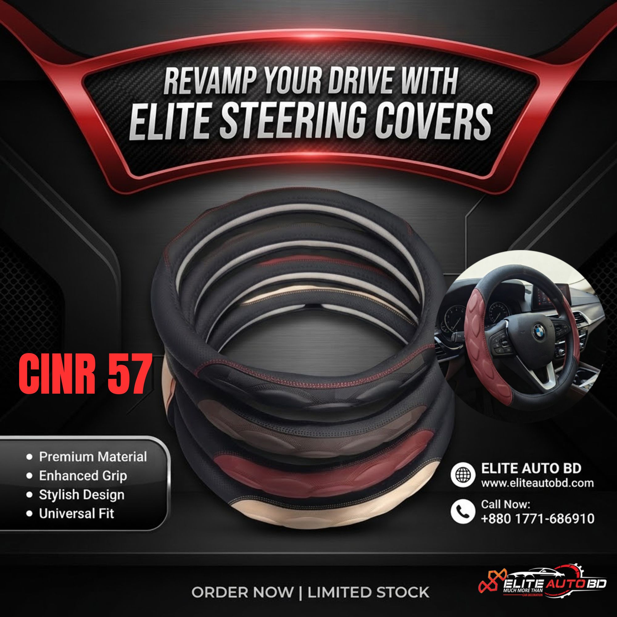Multi-Color Universal Car Steering Wheel Covers – Premium Leather Stitch Grip | CINR 57 |  Elite Auto BD